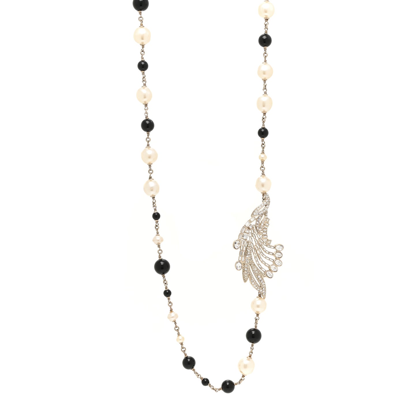 Pearl Crystal Baguette Beaded Wing Long Necklace Black Gold