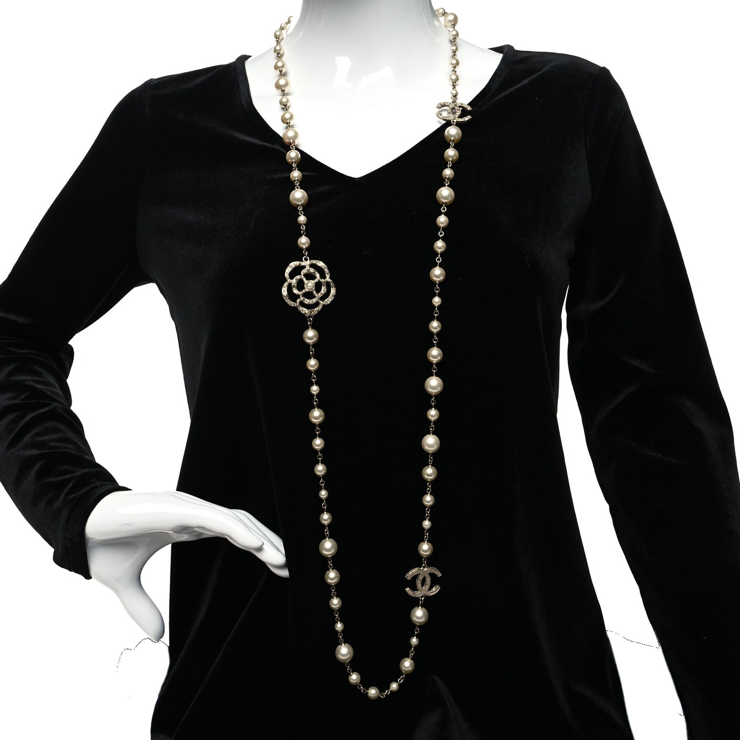 Pearl Crystal Camellia CC Necklace Gold