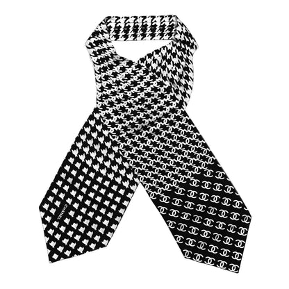 Chanel Silk Twill Houndstooth Slim Bandeau Scarf Black Ecru 1 of 3
