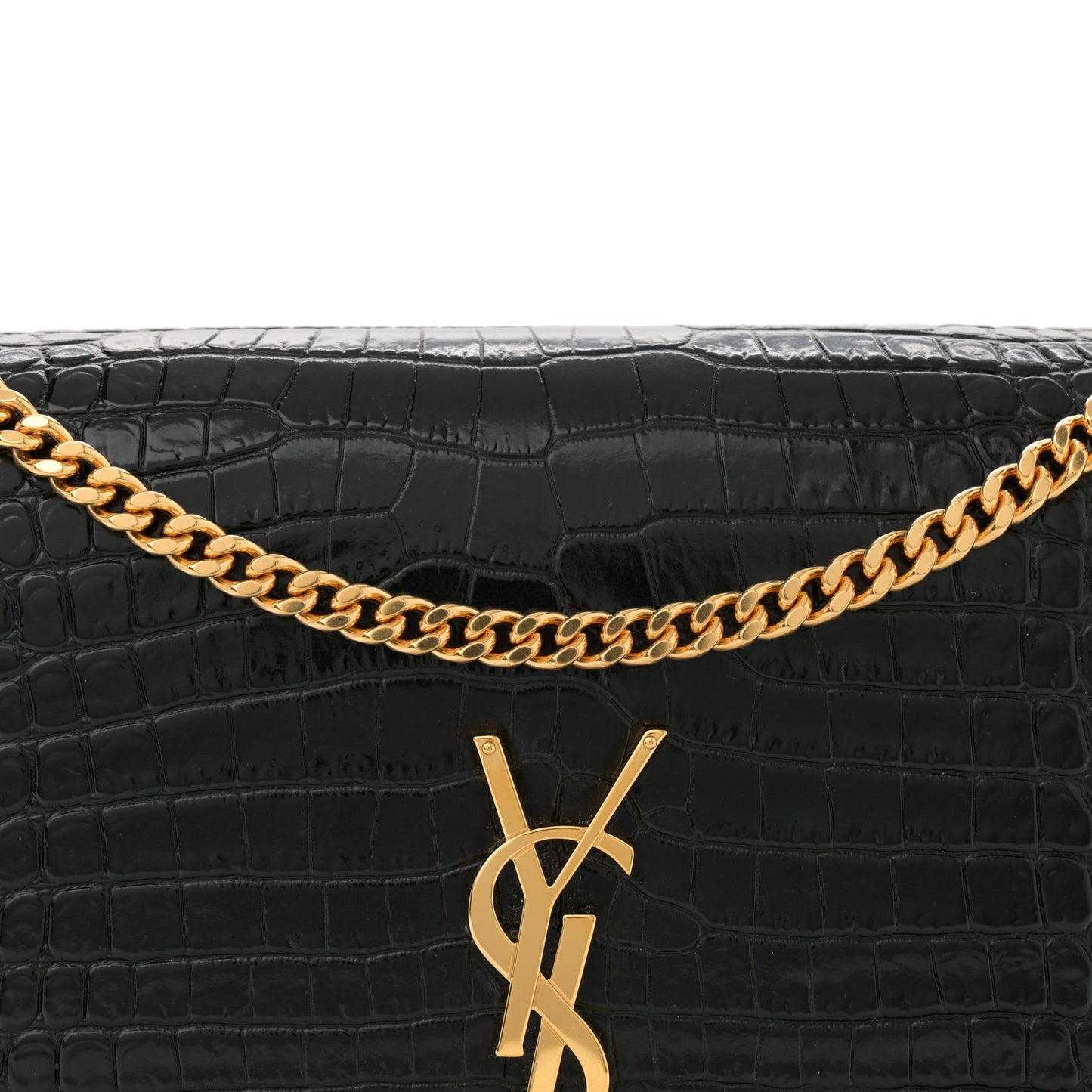 Calfskin Crocodile Embossed Medium Classic Monogram Kate Tassel Satchel Black