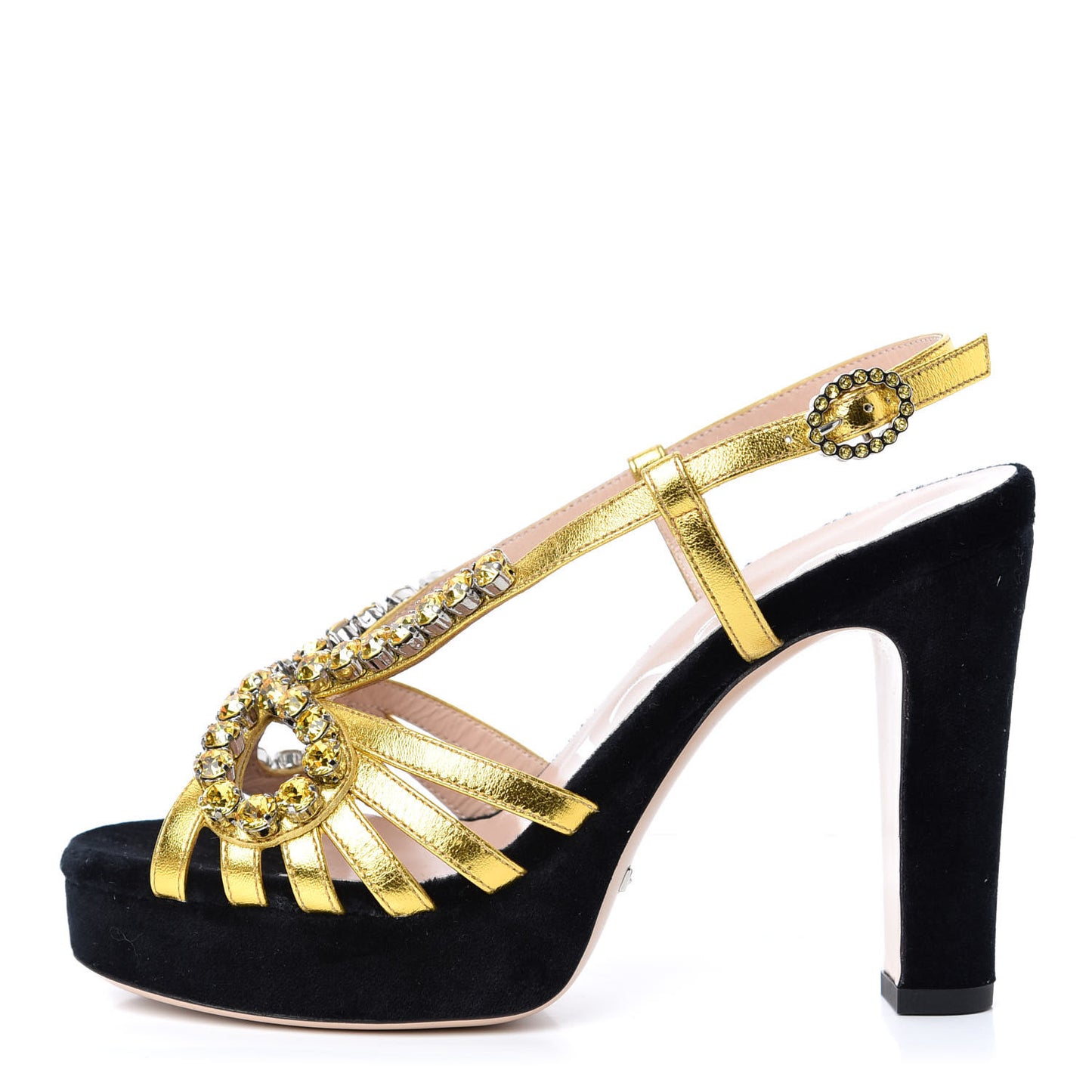 Velvet Nappa Crystal Zephyra Slingback Platform High Heel Sandals 35.5 Black Gold