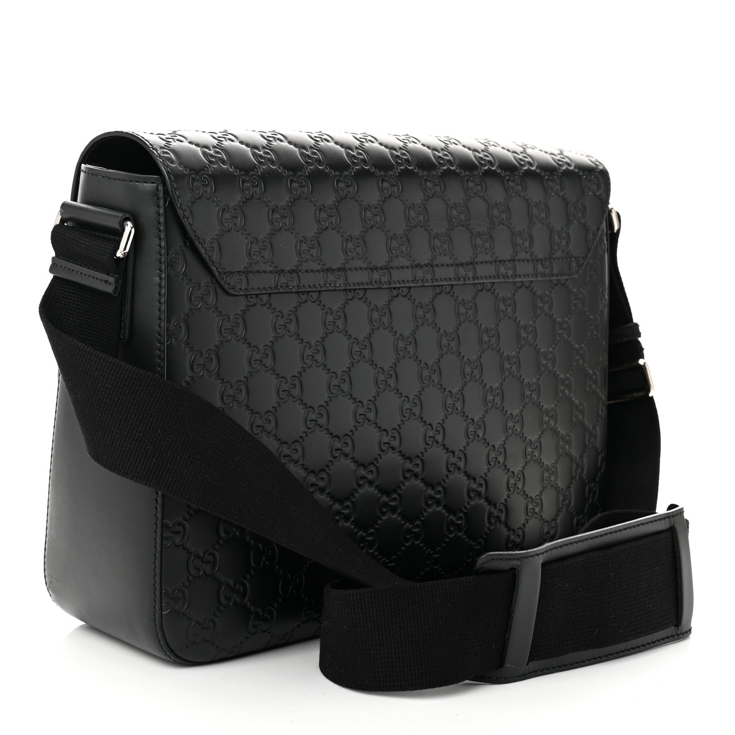 Gucci Guccissima Signature Medium Double Buckle Flap Messenger Bag Black 3 of 11