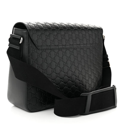 Gucci Guccissima Signature Medium Double Buckle Flap Messenger Bag Black 3 of 11