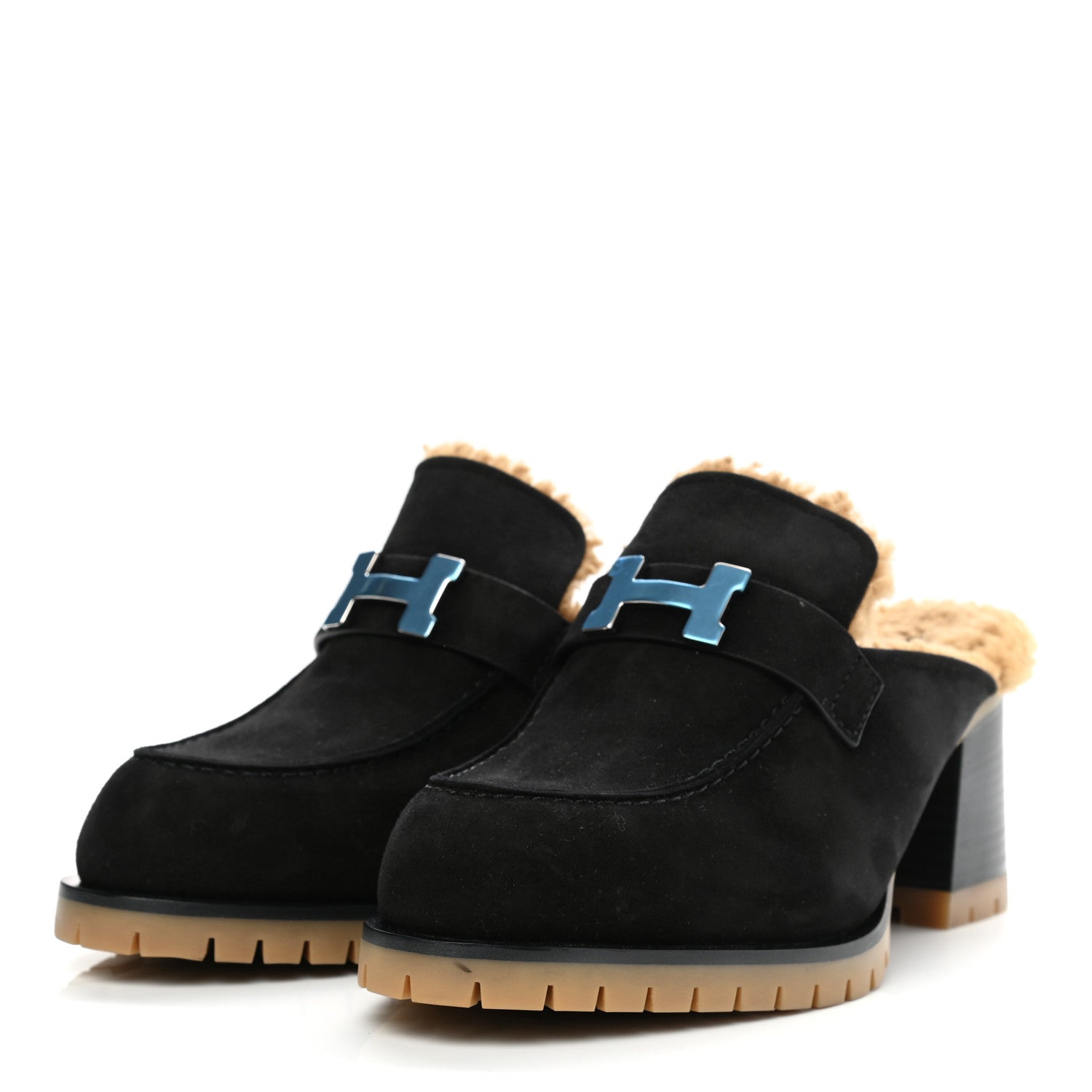 Hermes Suede Goatskin Woolskin Flore 60 Mules 39 Black Camel 3 of 8