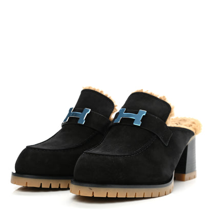 Hermes Suede Goatskin Woolskin Flore 60 Mules 39 Black Camel 3 of 8