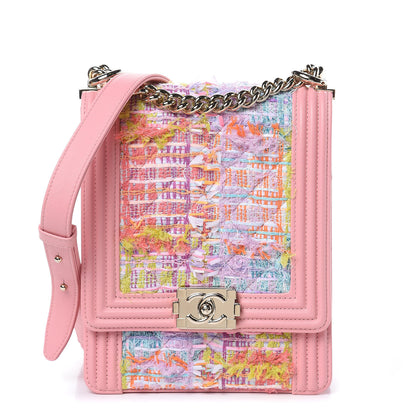 Chanel Calfskin Tweed Quilted North South Boy Flap Pink 1 of 9