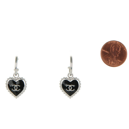 Chanel Enamel Heart CC Drop Earrings Black Silver 2 of 5