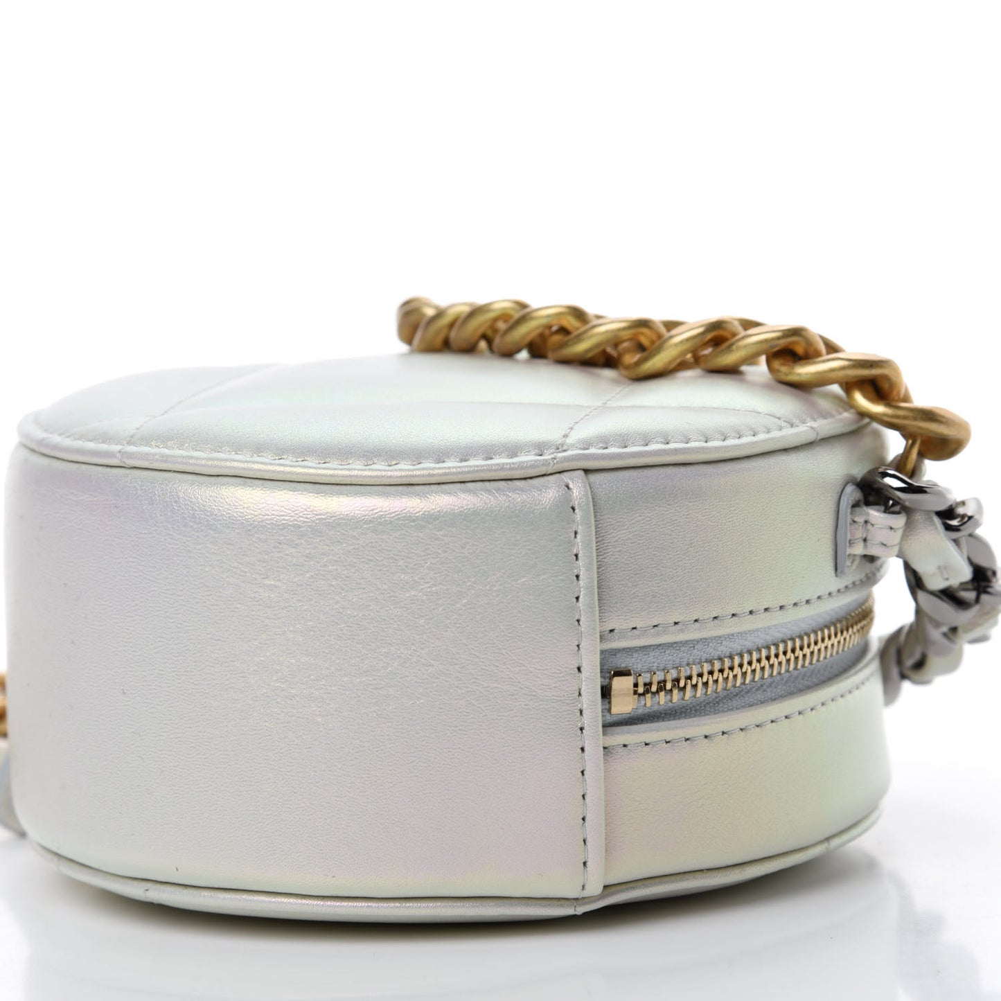Iridescent Calfskin Quilted 19 Round Clutch With Chain White