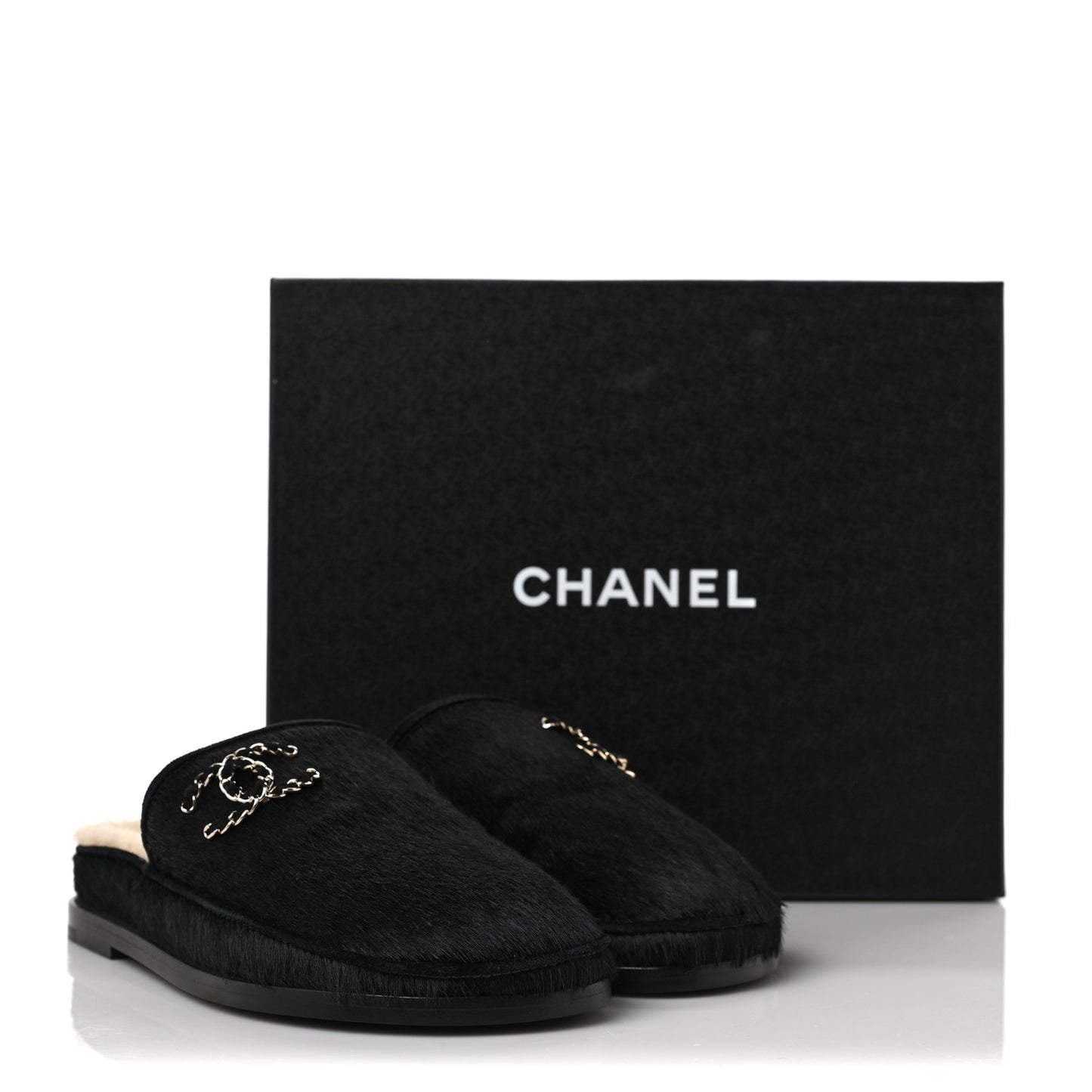 Calfskin Hair Suede Shearling CC Mules 38.5 Black Navy Blue