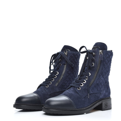 Chanel Suede Calfskin Quilted Lace Up Boots 40 Navy 3 of 8