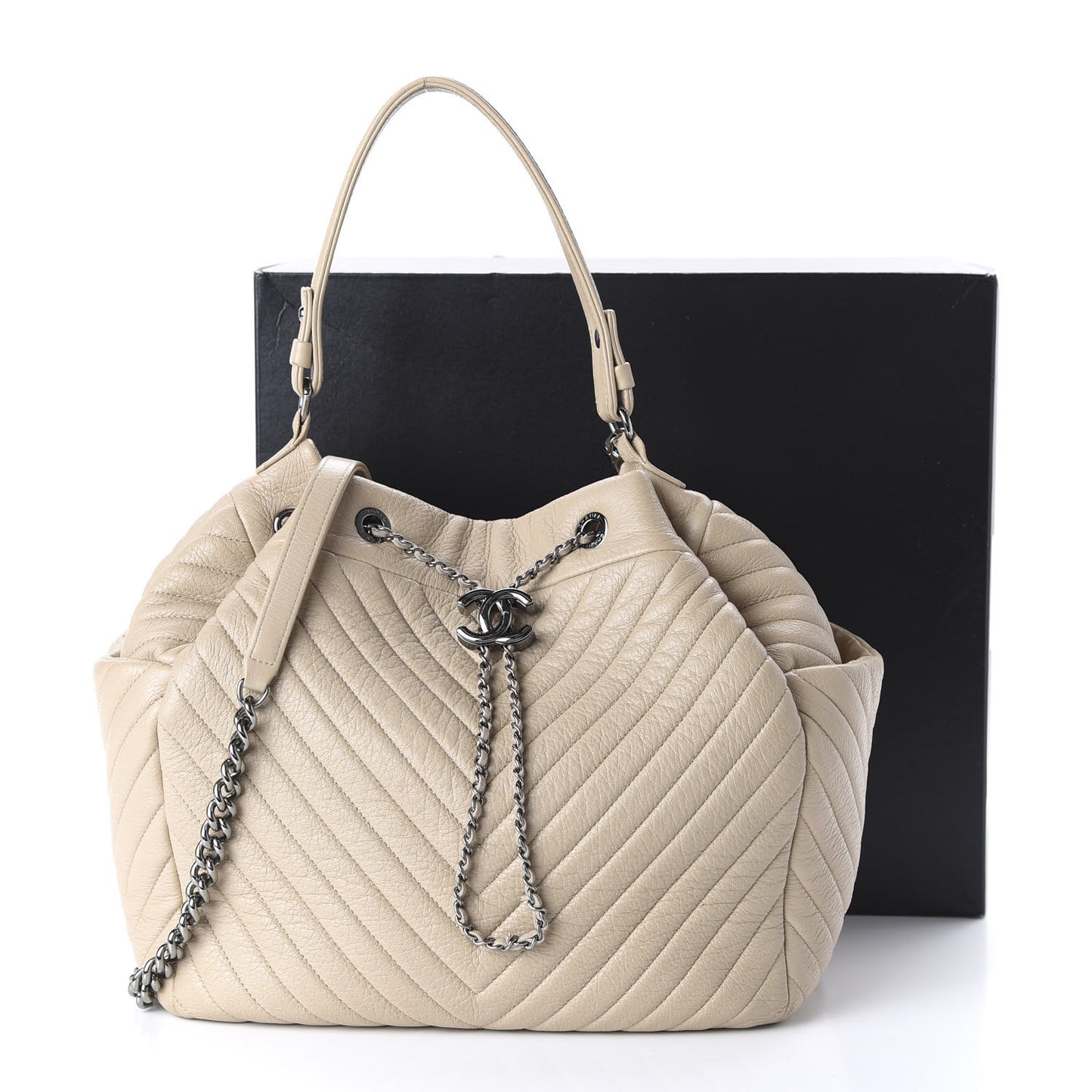 Deerskin Chevron Large CC Chain Bucket Drawstring Bag Beige
