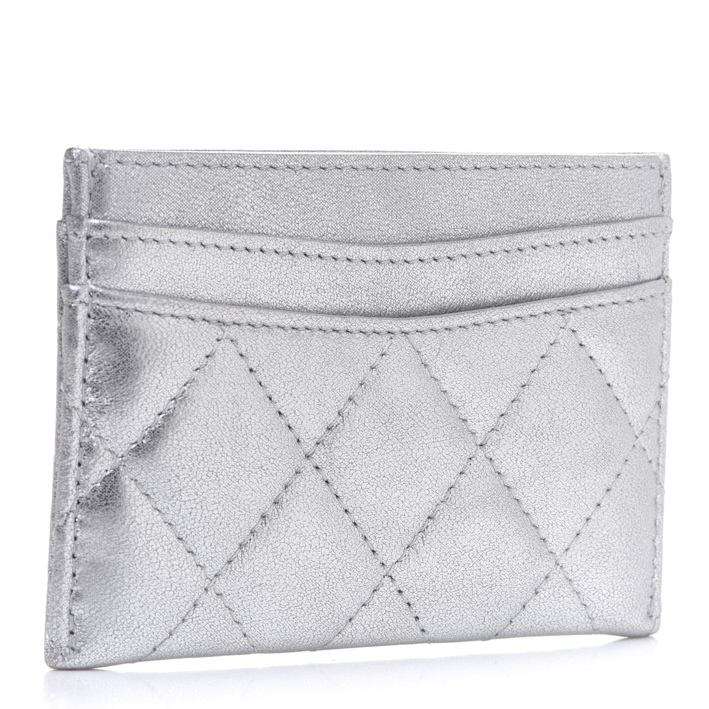 Metallic Lambskin Quilted Card Holder Silver