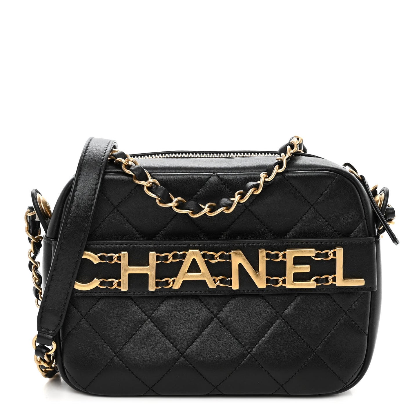 Calfskin Quilted Enchained Camera Case Bag Black