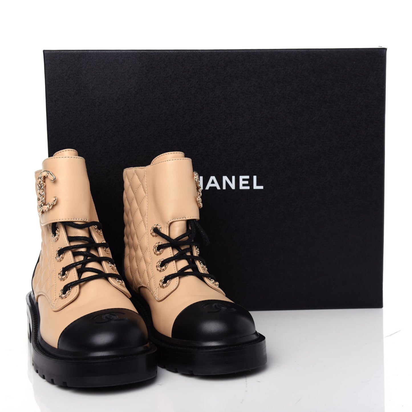 Lambskin Calfskin Quilted Lace Up Combat Boots 36.5 Beige Black