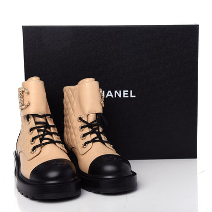 Chanel Lambskin Calfskin Quilted Lace Up Combat Boots 36.5 Beige Black 13 of 13