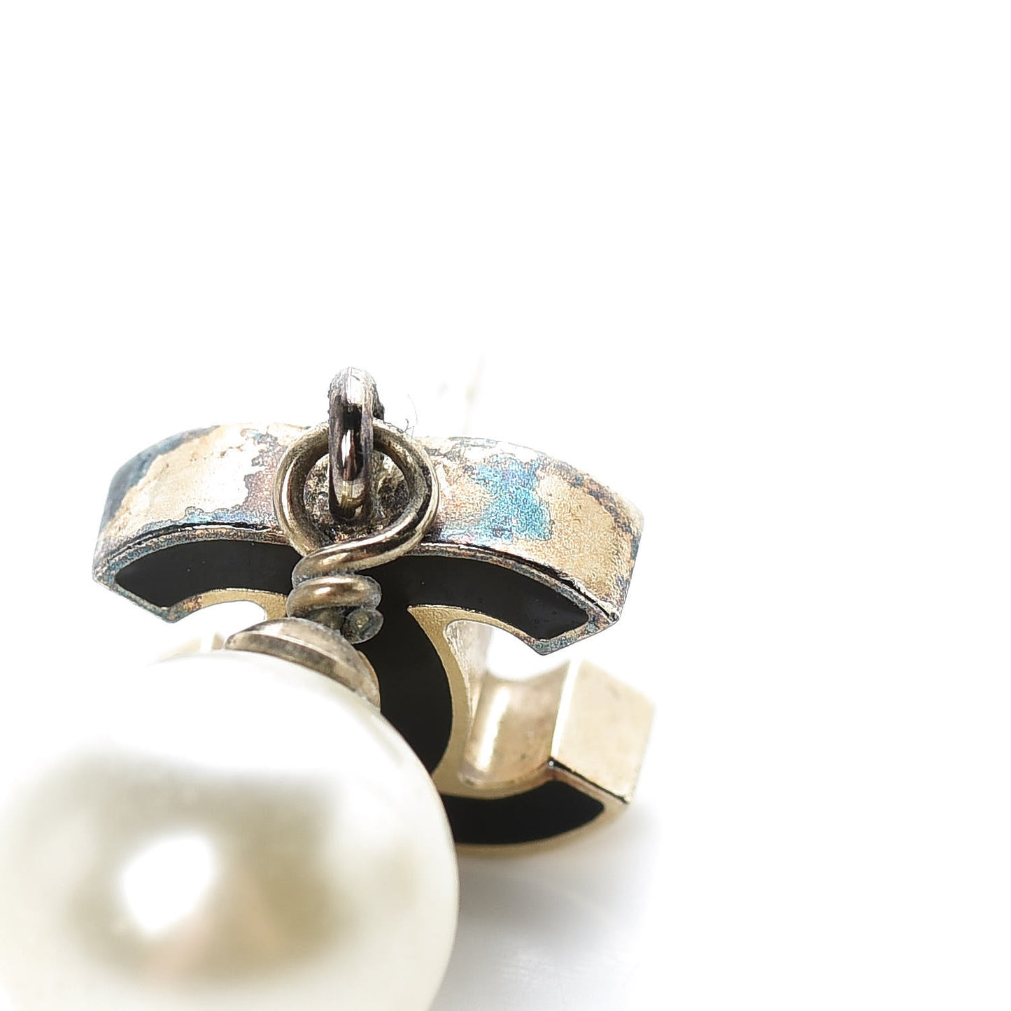 Pearl Enamel CC Drop Earrings Black Gold