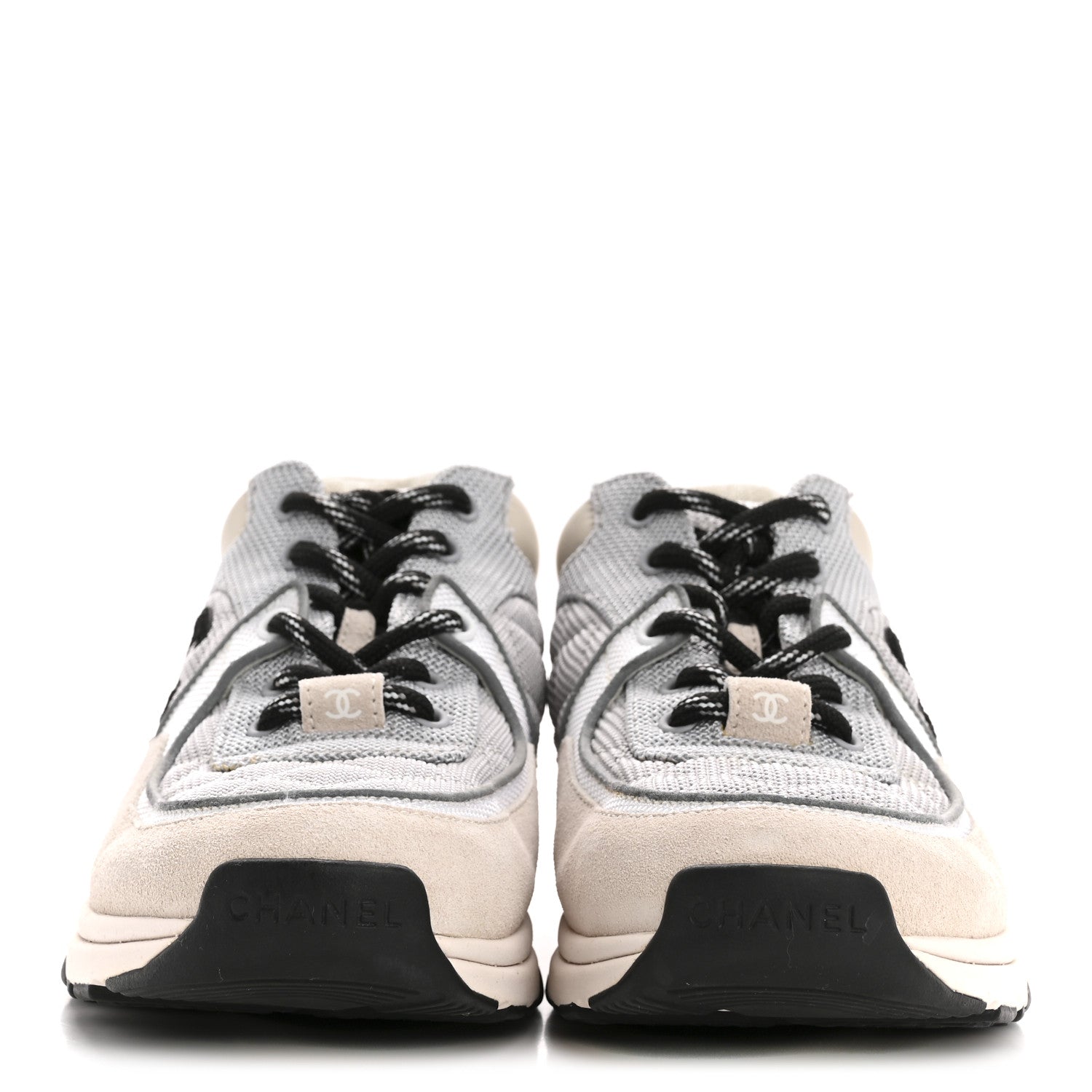 Chanel Nylon Calfskin Suede Womens CC Sneakers 36.5 Grey White 3 of 13