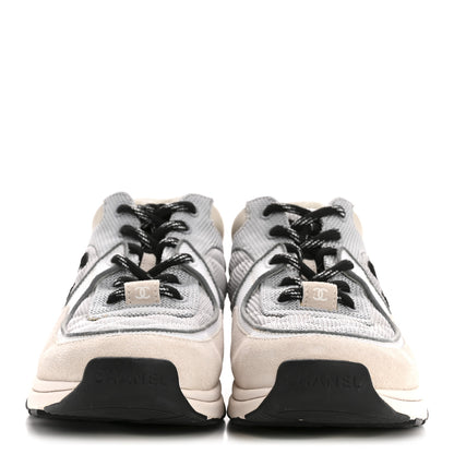 Chanel Nylon Calfskin Suede Womens CC Sneakers 36.5 Grey White 3 of 13