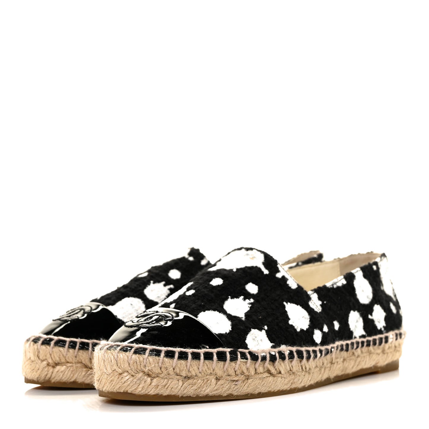 Printed Tweed Patent Calfskin CC Espadrilles 36 Black White
