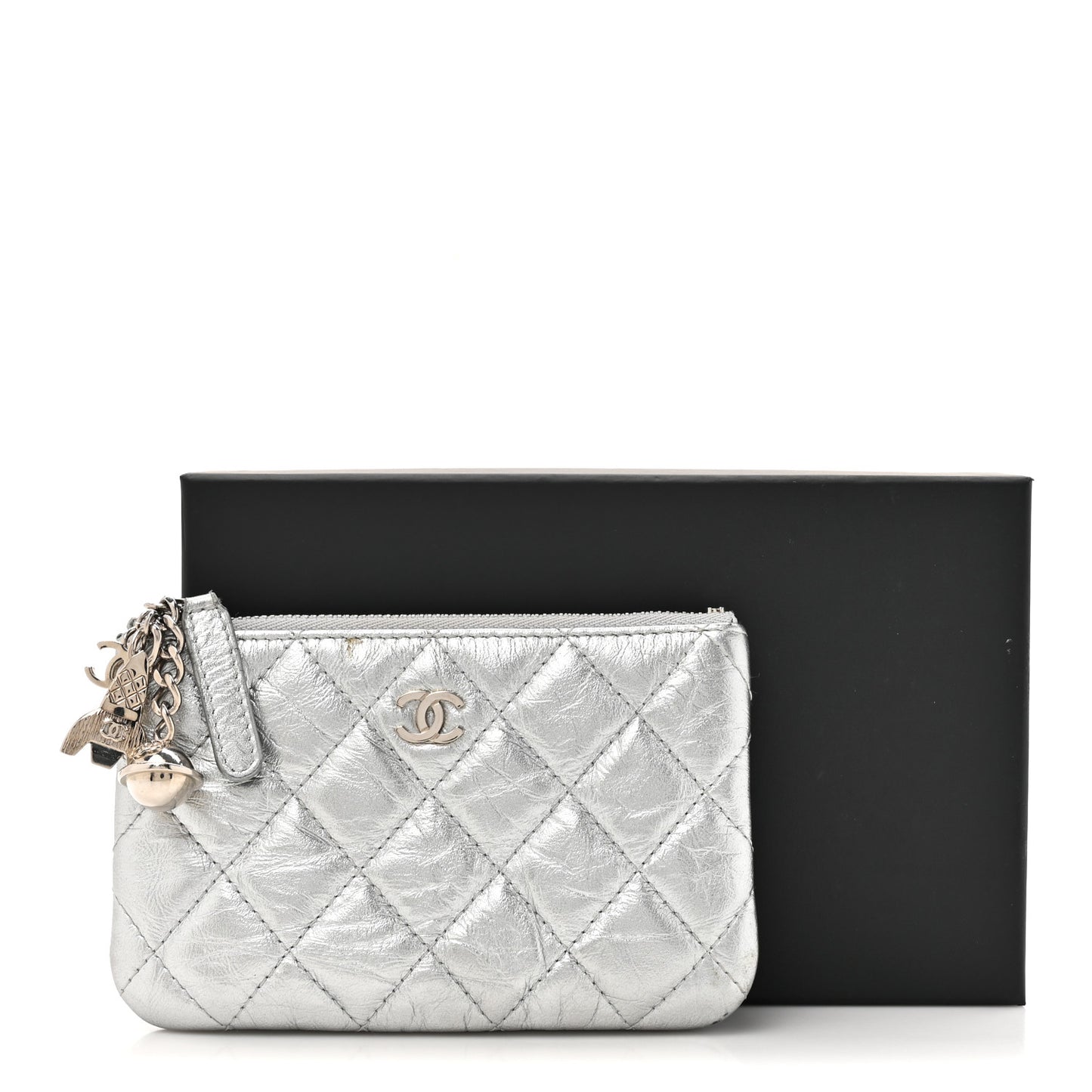 Metallic Aged Calfskin Quilted Small Cosmetic Pouch Silver