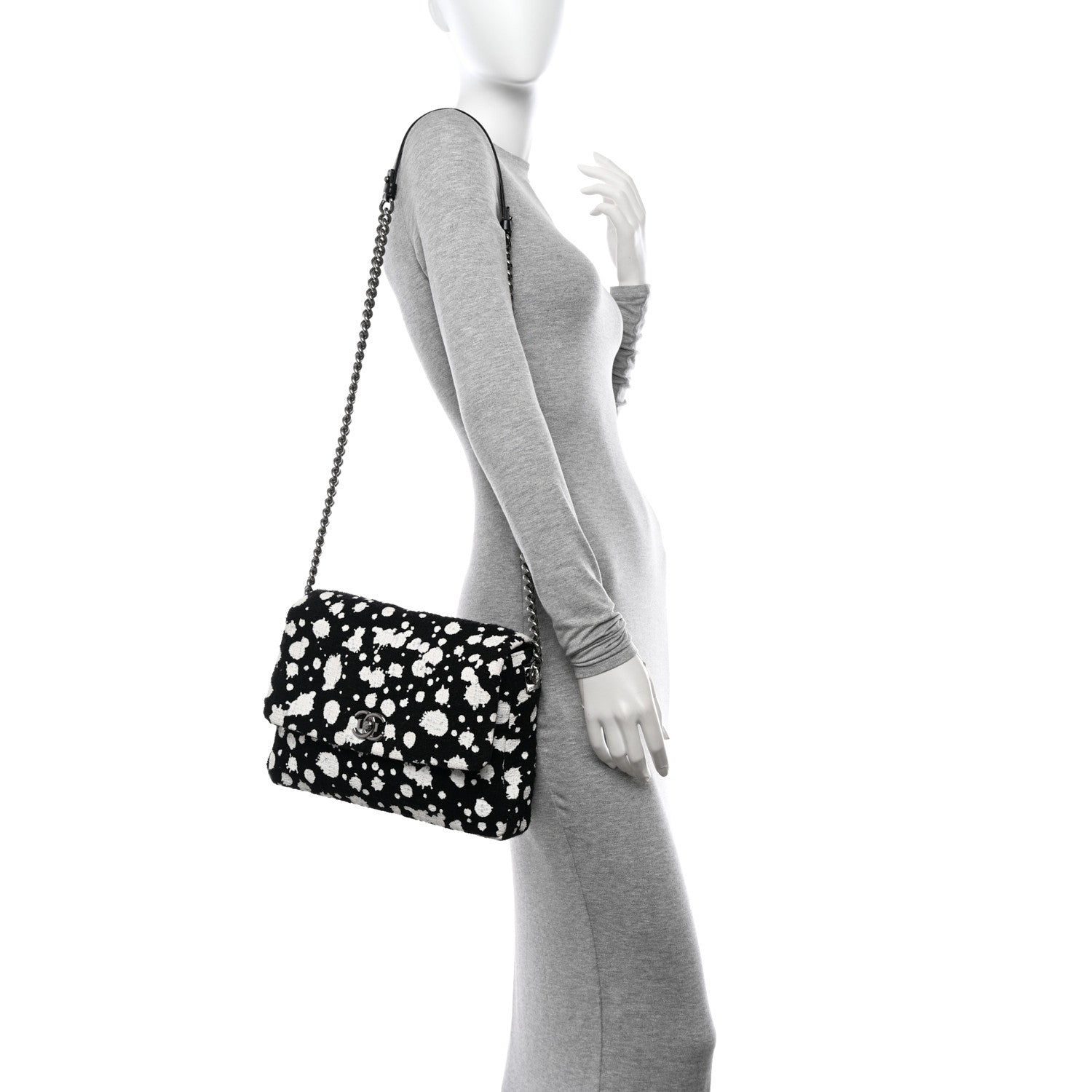 Chanel Tweed Paint Splatter Print Flap Black White 2 of 13