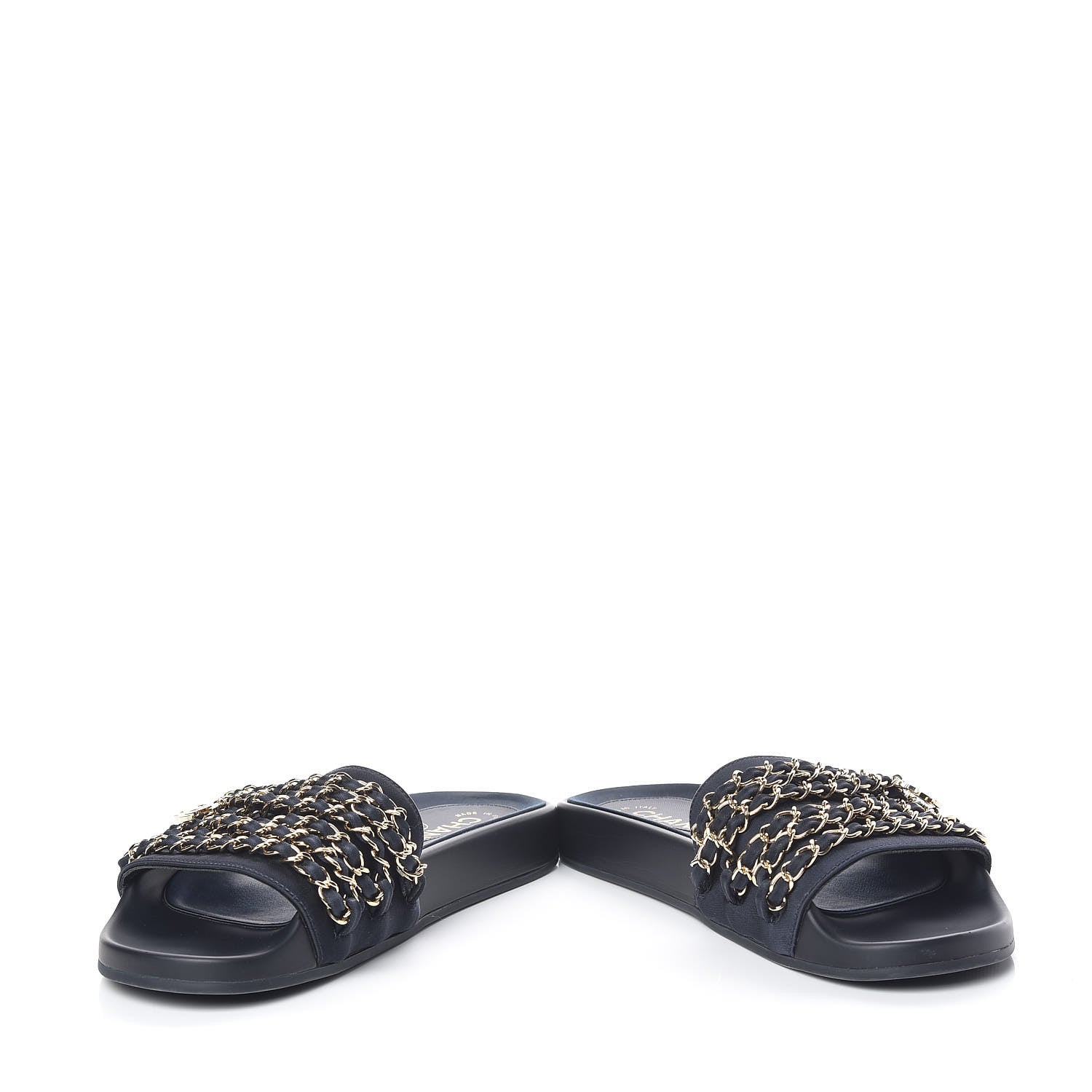 Chanel Satin Canvas Chain Slides Sandals Flats 37 Marine 6 of 14