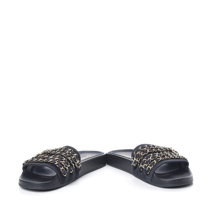 Chanel Satin Canvas Chain Slides Sandals Flats 37 Marine 6 of 14