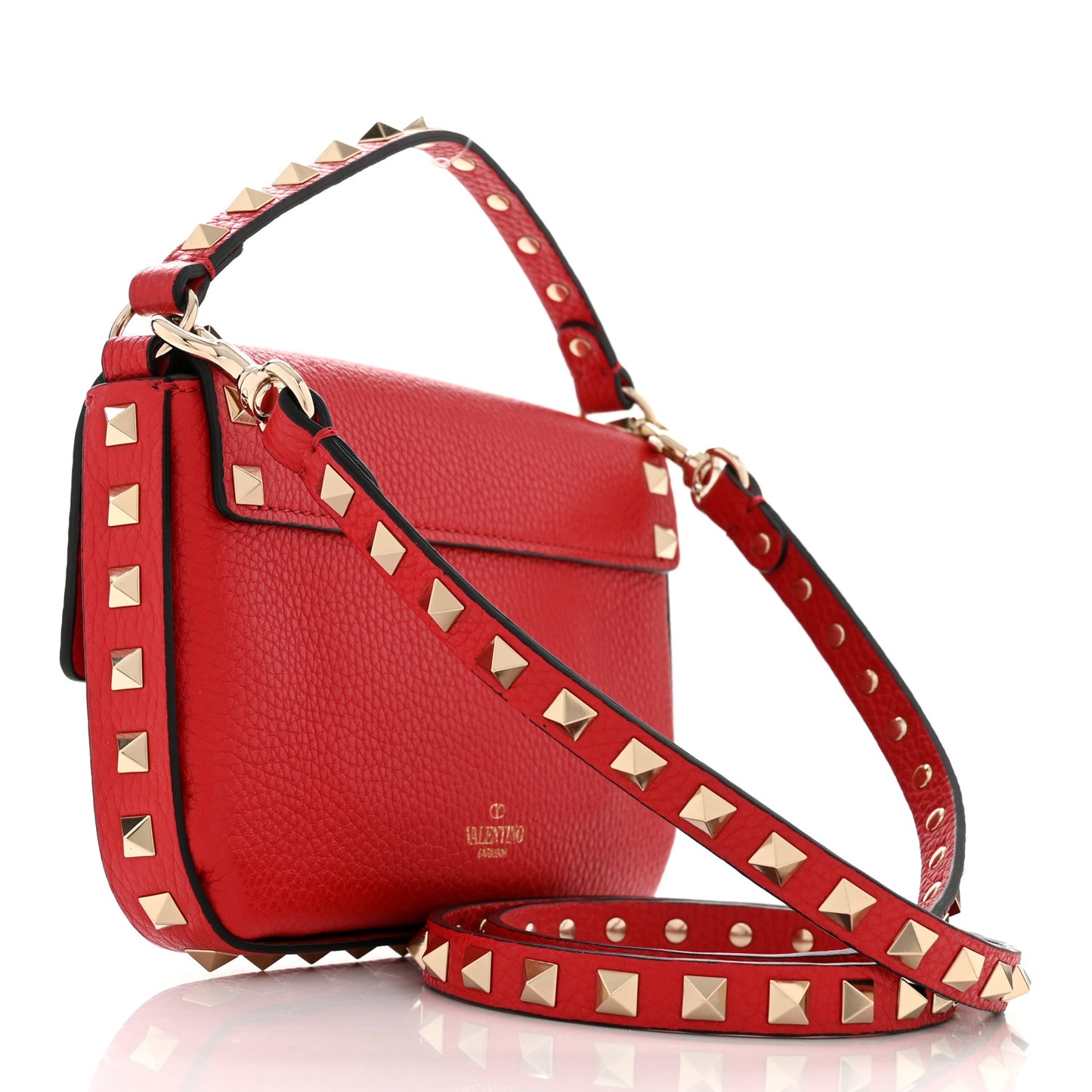 Grainy Calfskin Rockstud Crossbody Pouch Rouge Pur