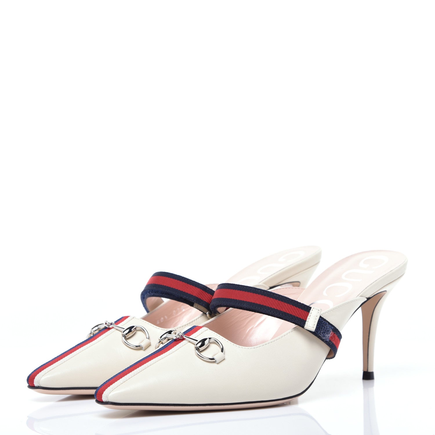 Gucci Malaga Kid Sylvie Web Cross Strap Mid-Heel Slides 40.5 Vintage White 3 of 9