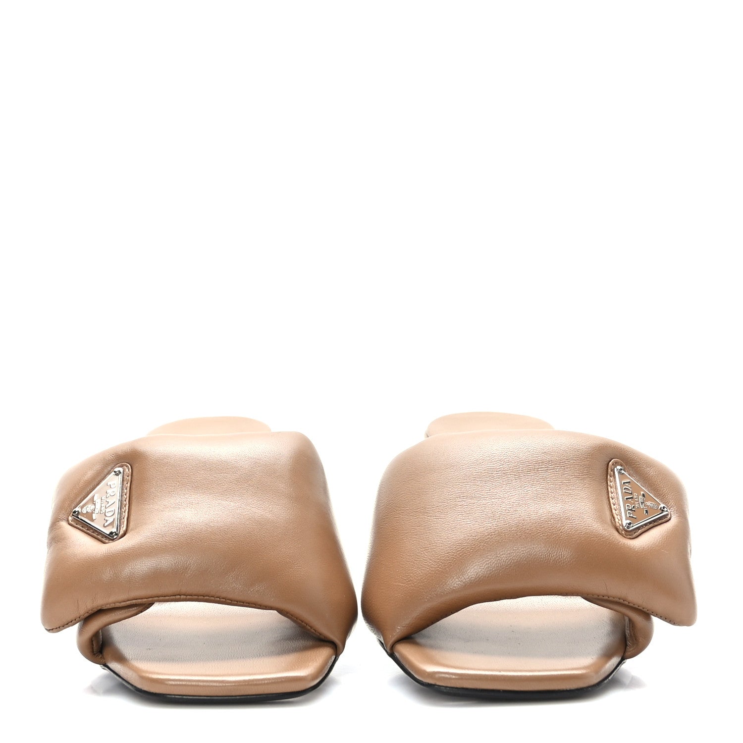 Prada Nappa Soft Padded Metal Triangle Logo 65mm Slide Sandals 38 Caramel 2 of 7
