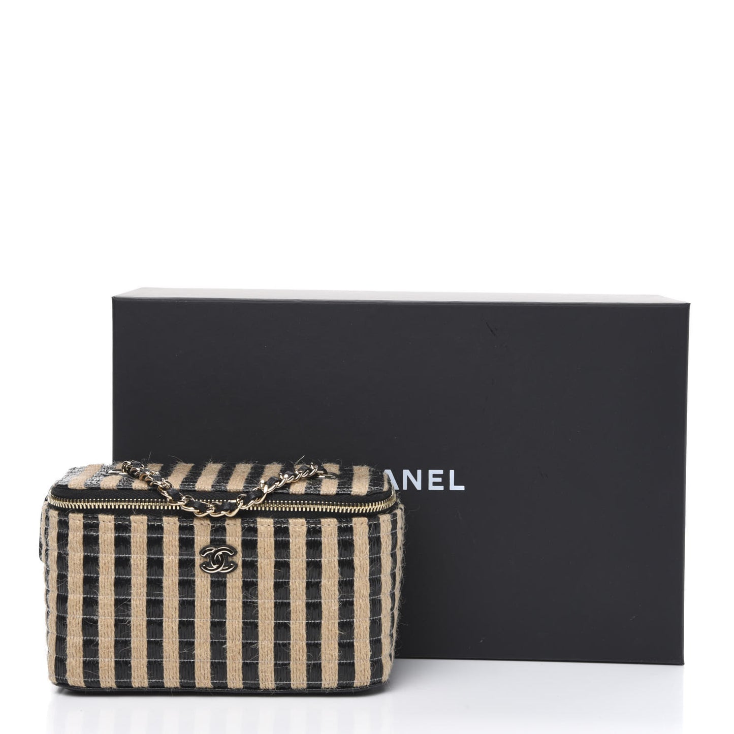 Raffia Jute Striped Small Vanity Case With Chain Black Beige