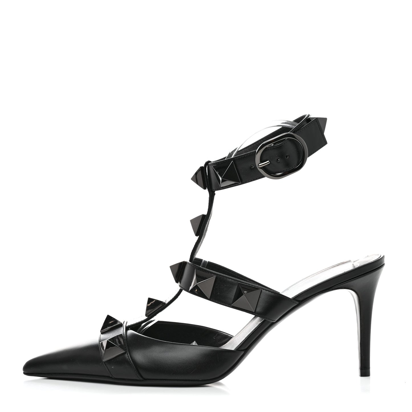 Calfskin Monochrome Roman Stud Ankle Strap 80mm Pumps 41 Black