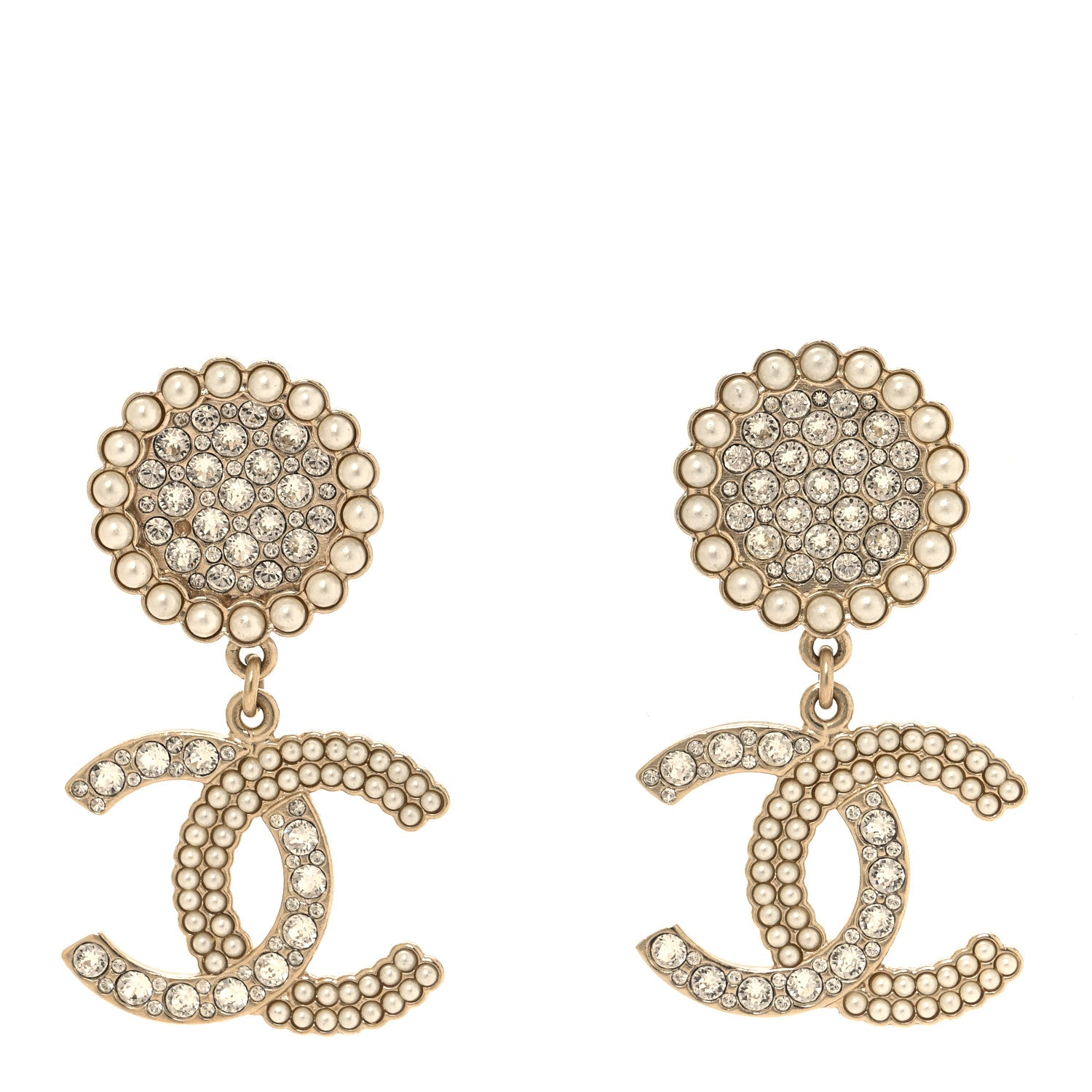 Chanel Crystal Pearl CC Drop Round Earrings Gold 1 of 4