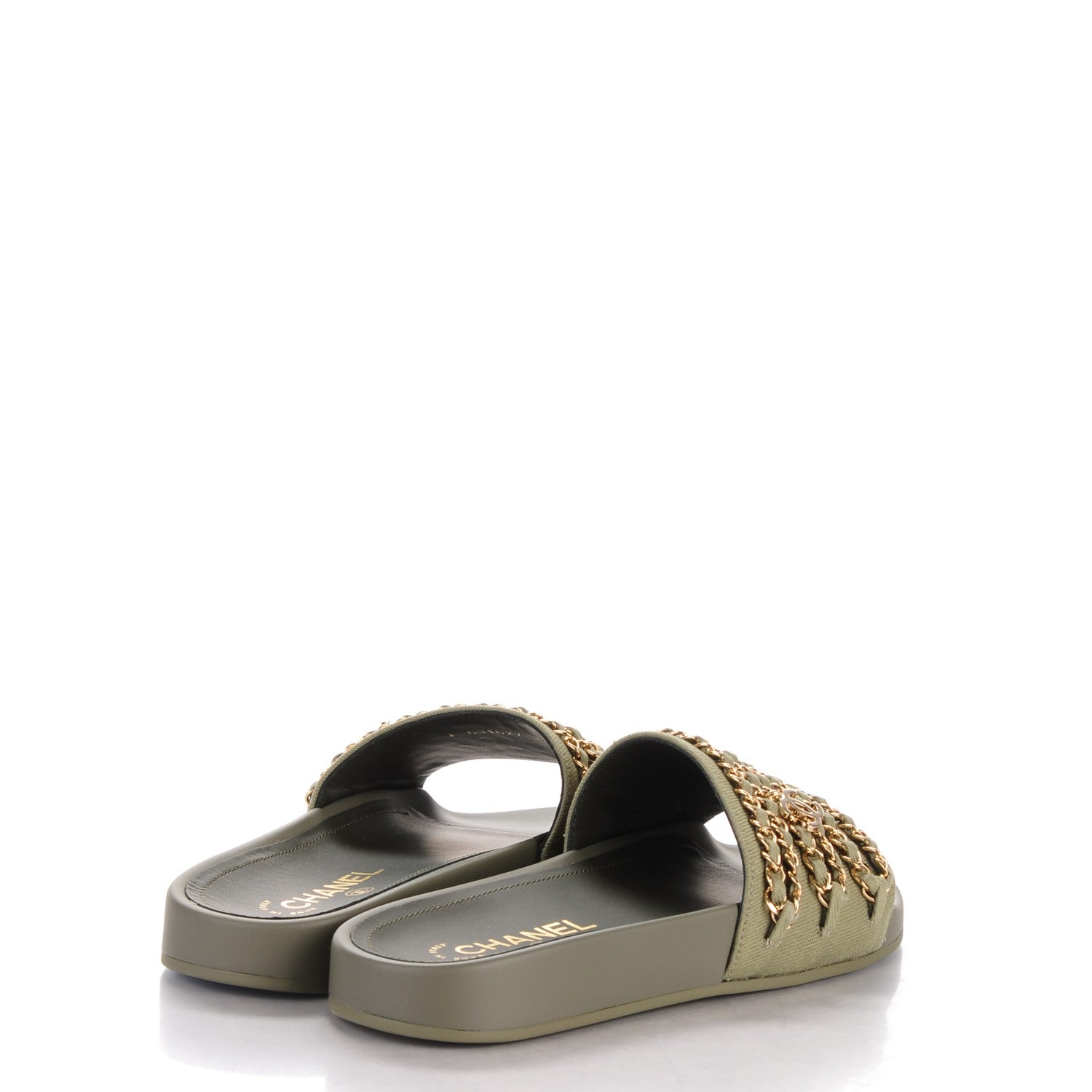 Chanel Lambskin Canvas Chain Flat Sandals 37 Green 4 of 7