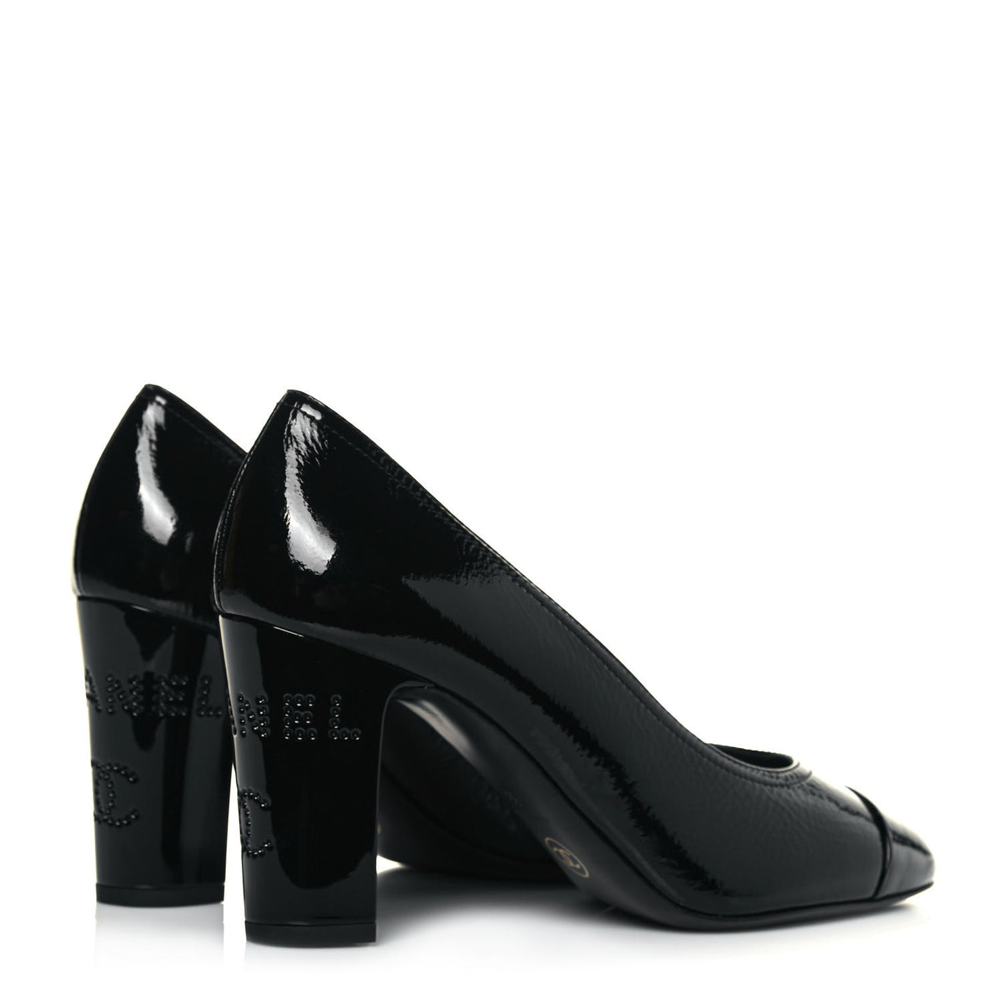 Patent Calfskin Crystal Cap Toe Logo Pumps 38 Black