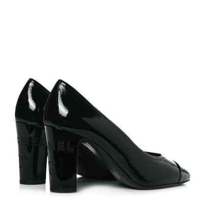 Chanel Patent Calfskin Crystal Cap Toe Logo Pumps 38 Black 4 of 11