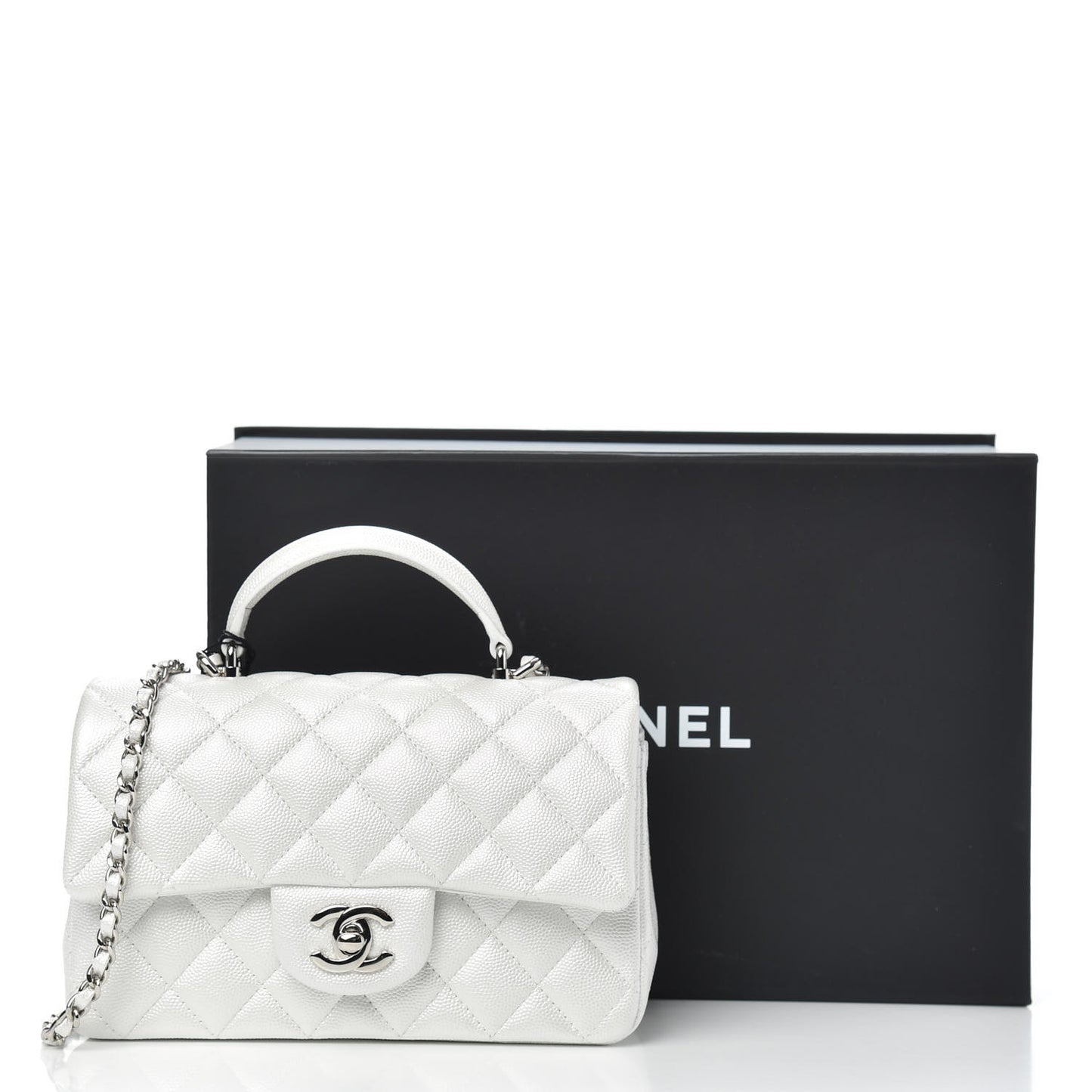Iridescent Caviar Quilted Mini Top Handle Rectangular Flap White