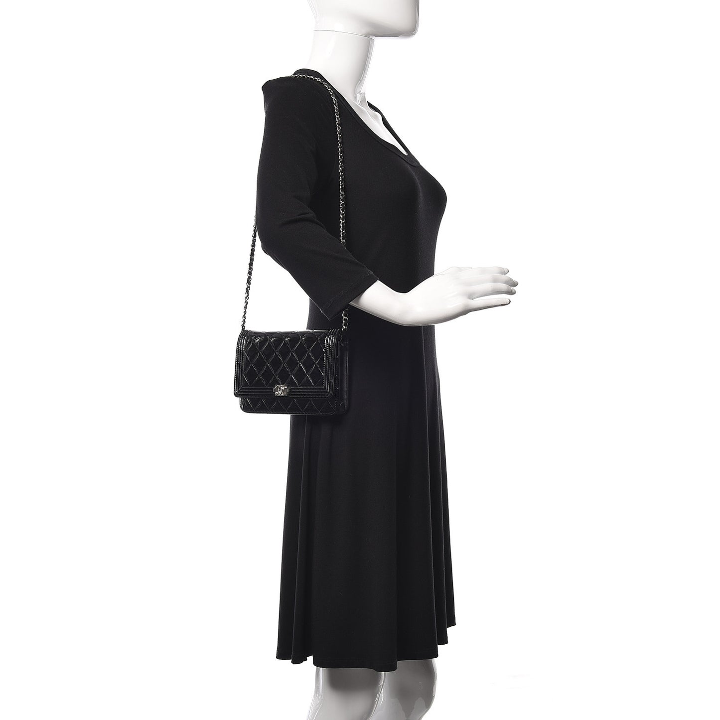 Patent Calfskin Quilted Boy Wallet On Chain WOC Black