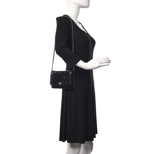 Patent Calfskin Quilted Boy Wallet On Chain WOC Black