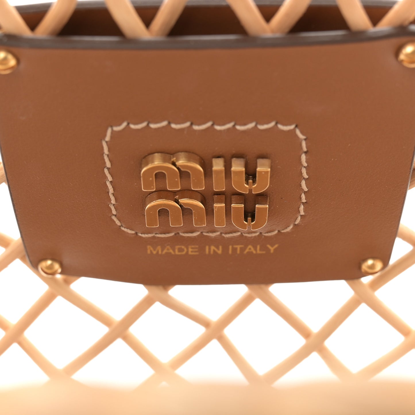 Woven Fabric Calfskin Logo Basket Bag Tan Caramel
