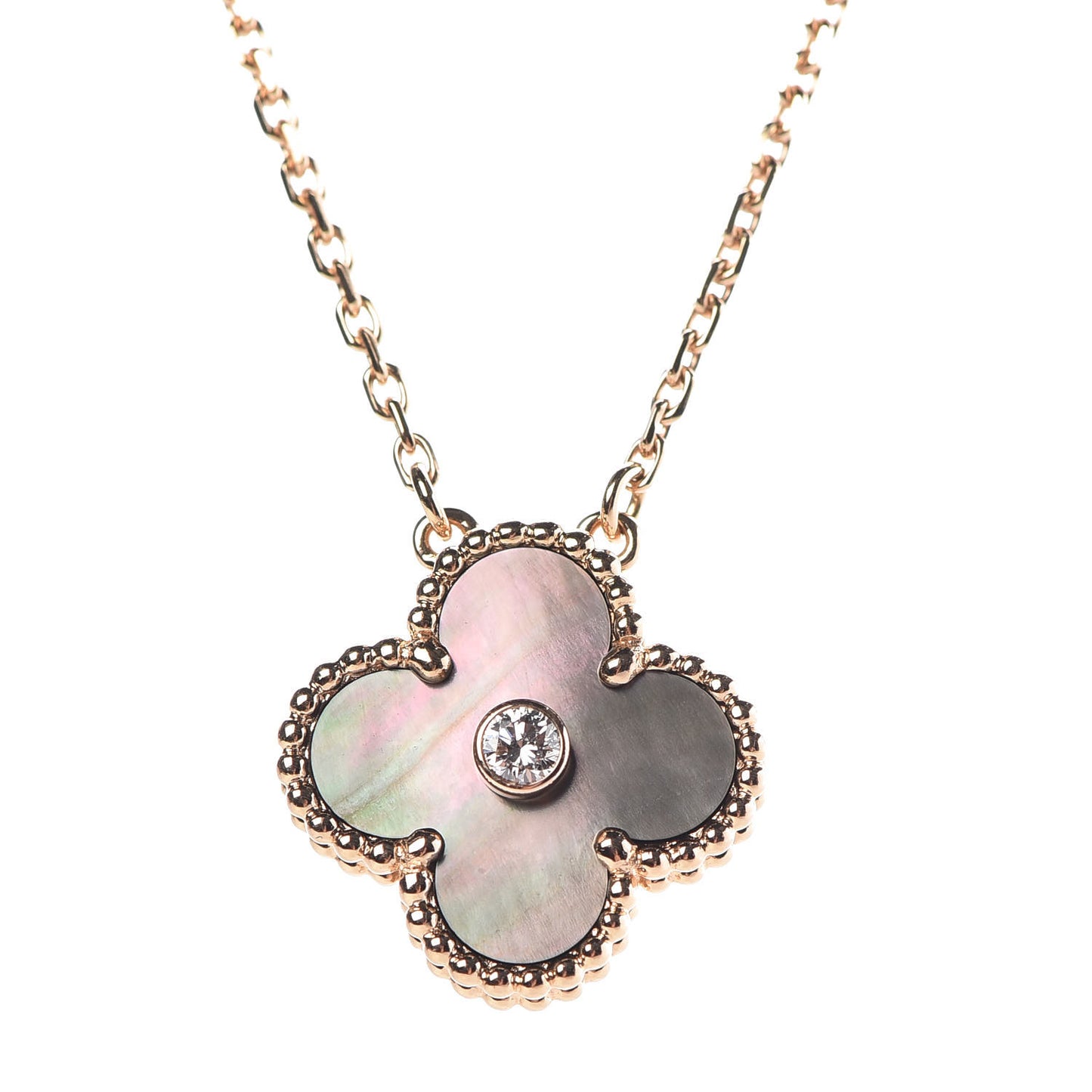 18K Rose Gold Diamond Grey Mother of Pearl Vintage Alhambra Pendant Necklace