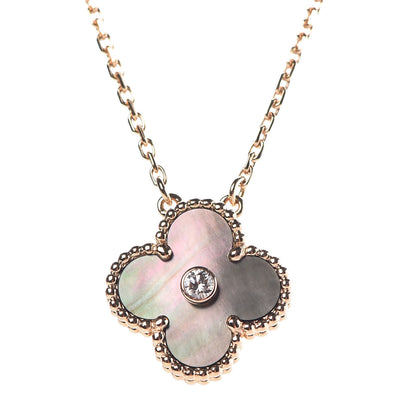 Van Cleef & Arpels 18K Rose Gold Diamond Grey Mother of Pearl Vintage Alhambra Pendant Necklace 4 of 8