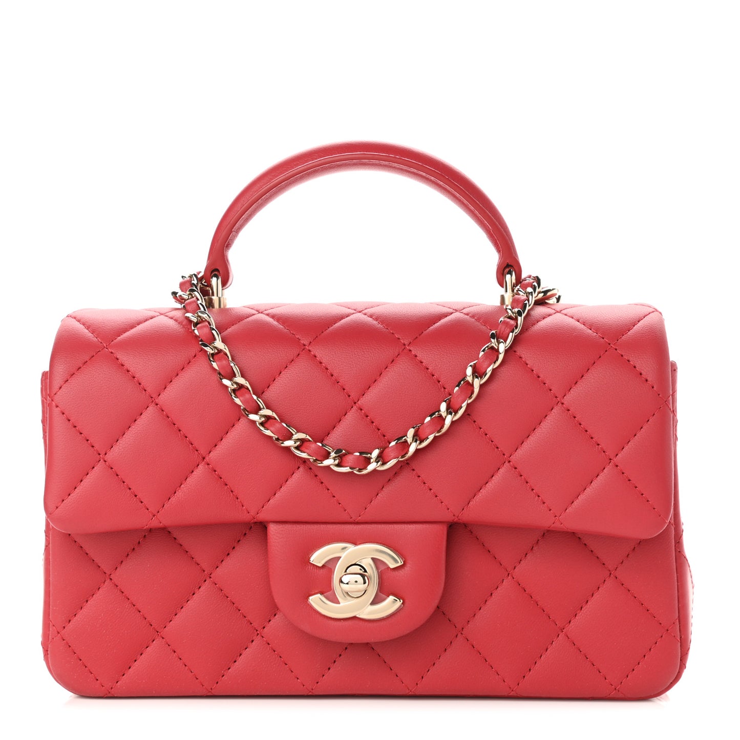 Lambskin Quilted Mini Top Handle Rectangular Flap Red