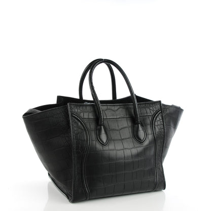 Celine Crocodile Embossed Calfskin Medium Phantom Luggage Black 3 of 9