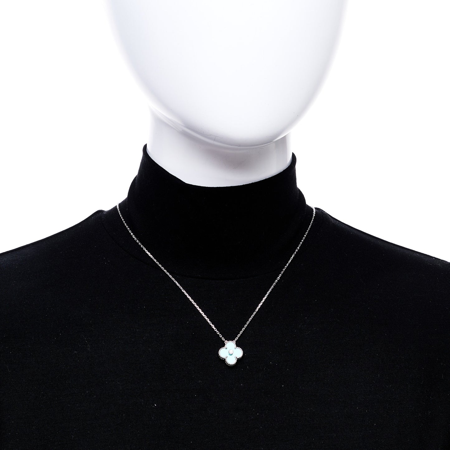 18K White Gold Diamond Celadon Green Sevres Porcelain Vintage Alhambra Pendant Necklace