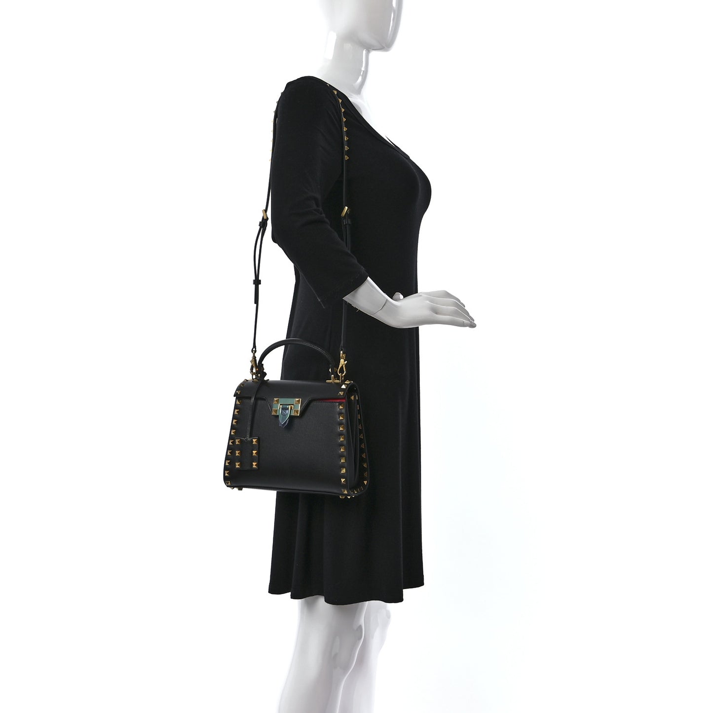 Grainy Calfskin Small Rockstud Alcove Top-Handle Flap Bag Black