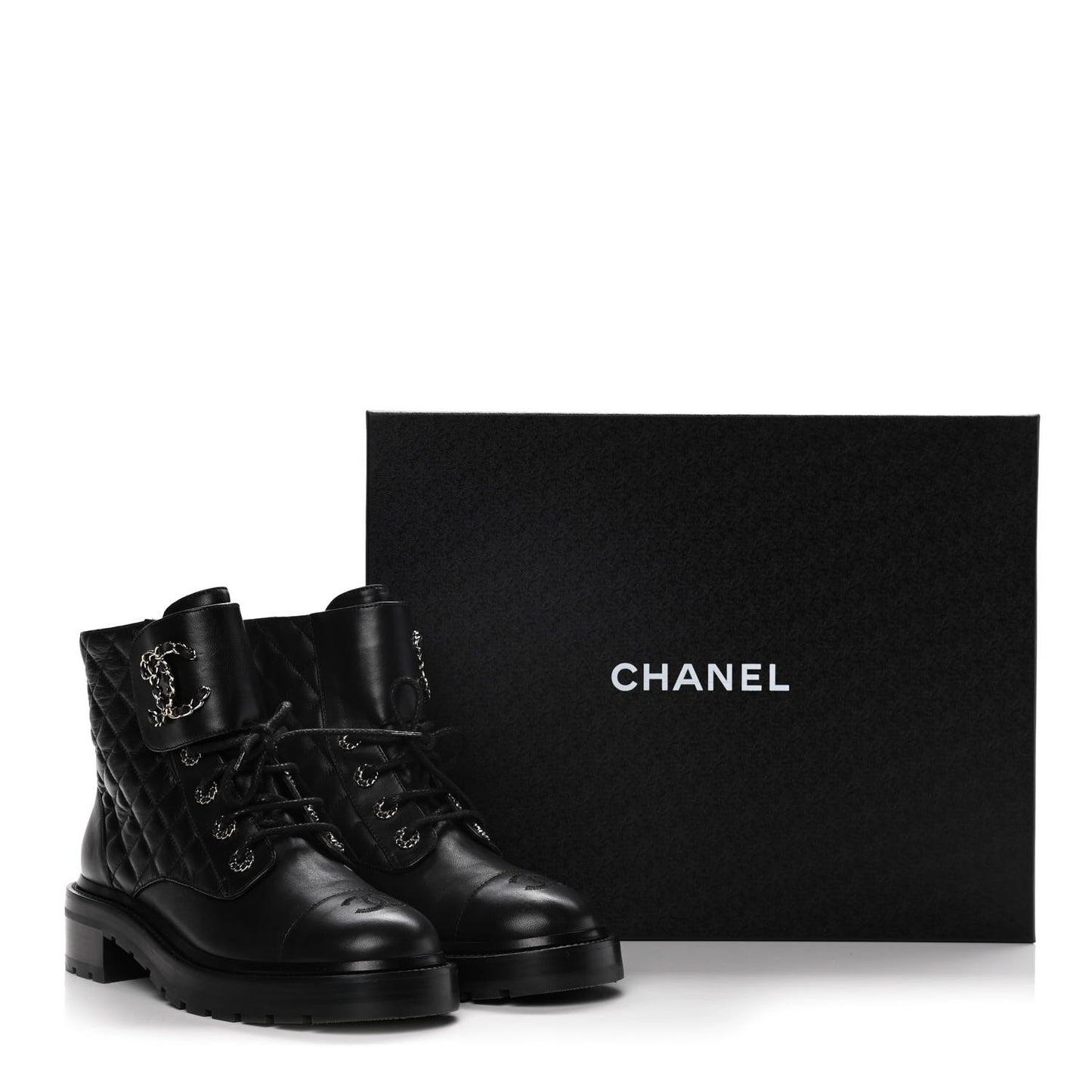 Shiny Lambskin Quilted Lace Up Combat Boots 39.5 Black