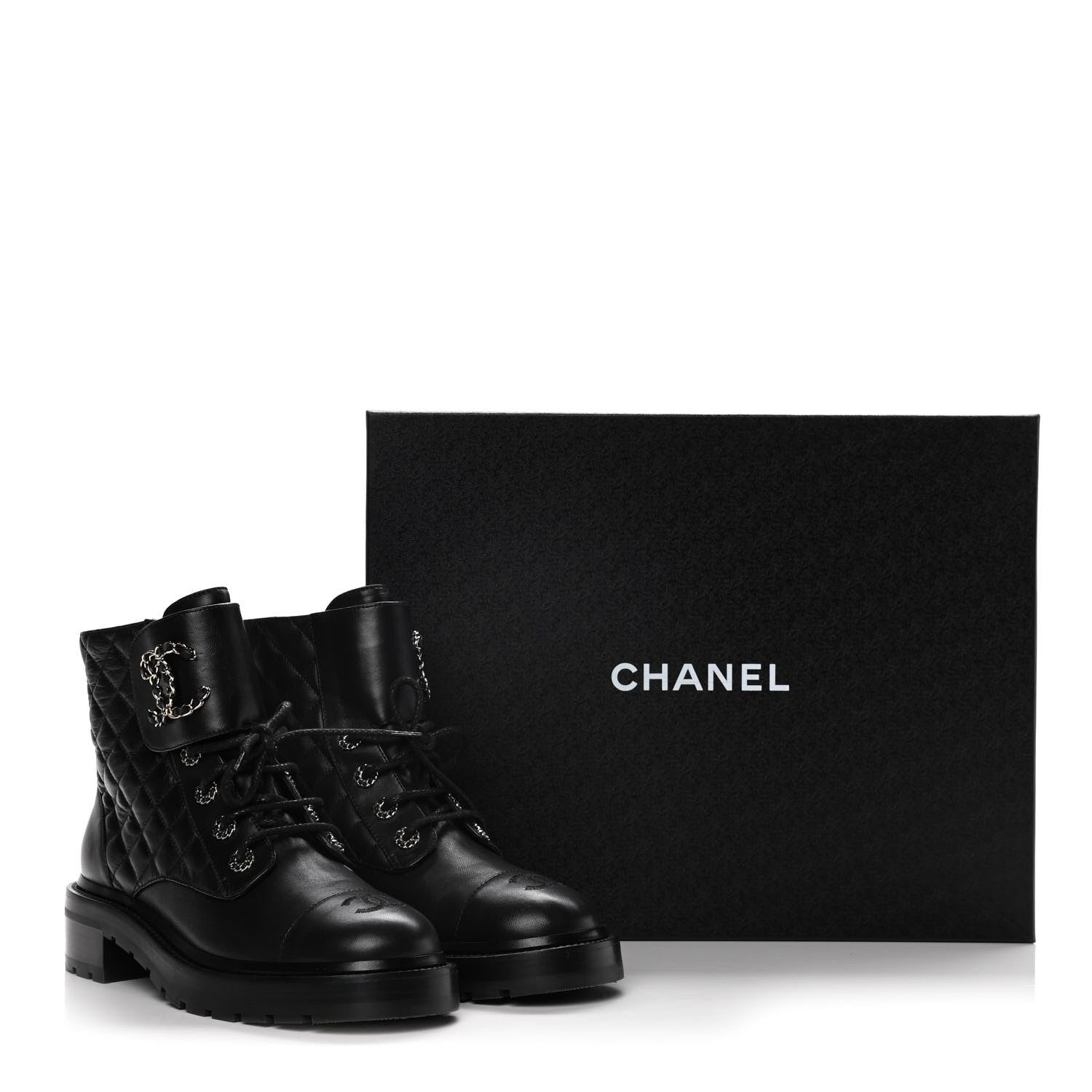 Chanel Shiny Lambskin Quilted Lace Up Combat Boots 39.5 Black 16 of 16