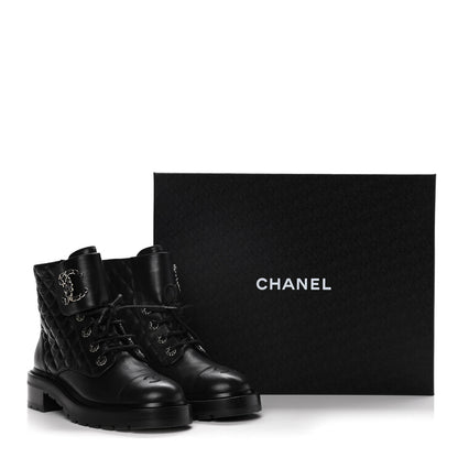 Chanel Shiny Lambskin Quilted Lace Up Combat Boots 39.5 Black 16 of 16