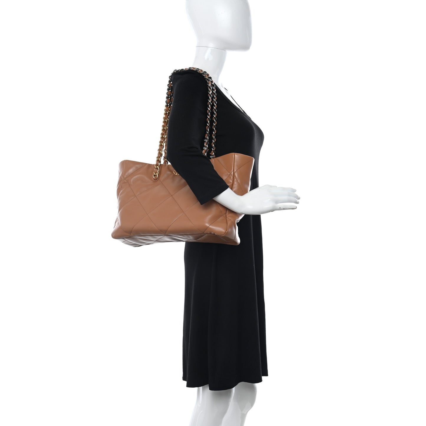 Lambskin Quilted Chanel 19 East West Shopping Bag Brown